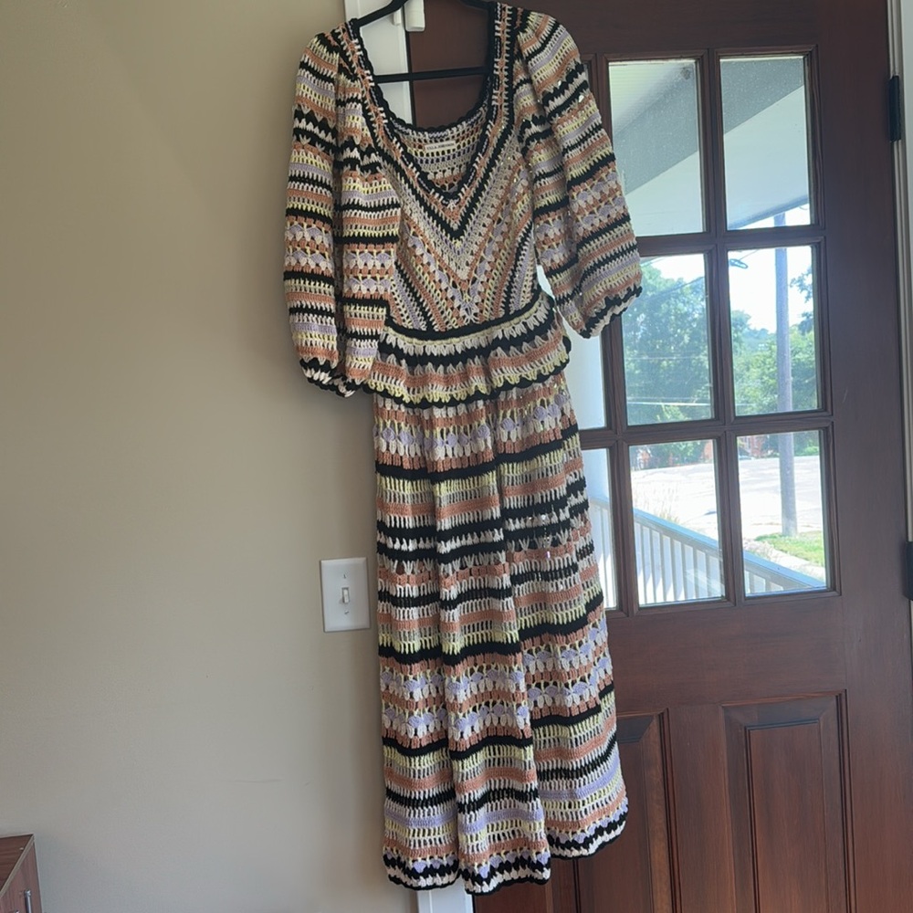 $895 Ulla Johnson Delfina Striped Crochet Cotton Tiered Maxi Dress Ecru Medium - Picture 5 of 11